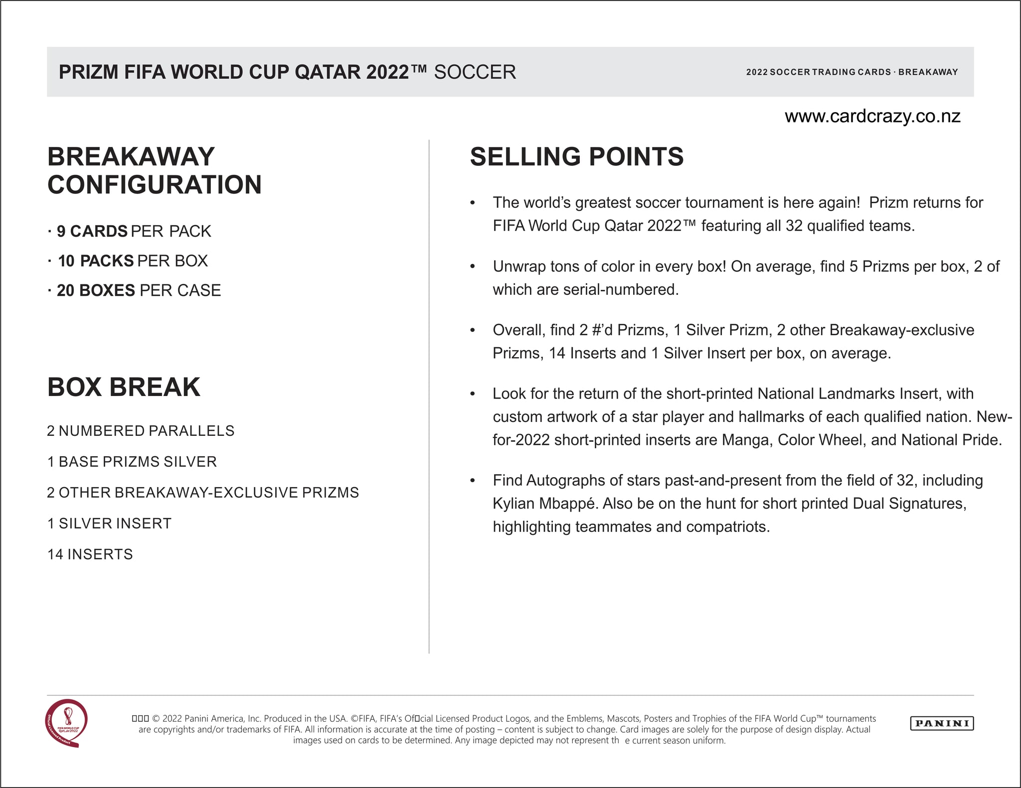 2022 Panini Prizm FIFA World Cup Soccer Breakaway 20-Box Case